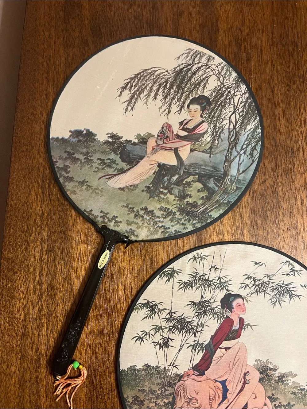 2 Vintage Traditional Asian Round Silk Wall Fans in Pink and Black